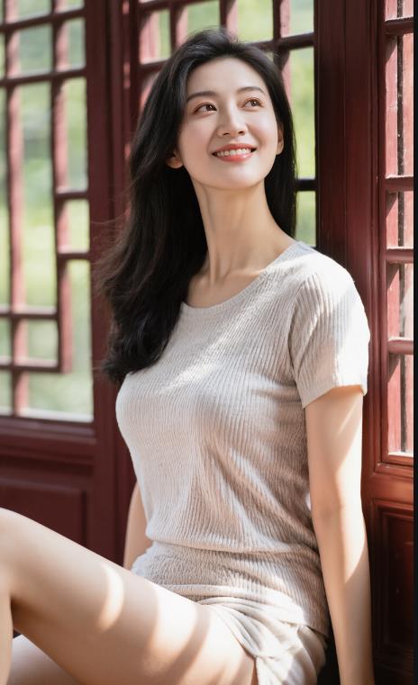 女性侧坐古典红木窗棂前裸妆描述技巧